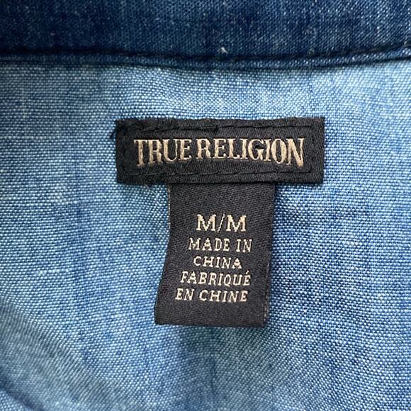 TRUE RELIGION Linen Blend Chambray Utility Shirt Womens Sz Medium Button Down - Picture 7 of 8